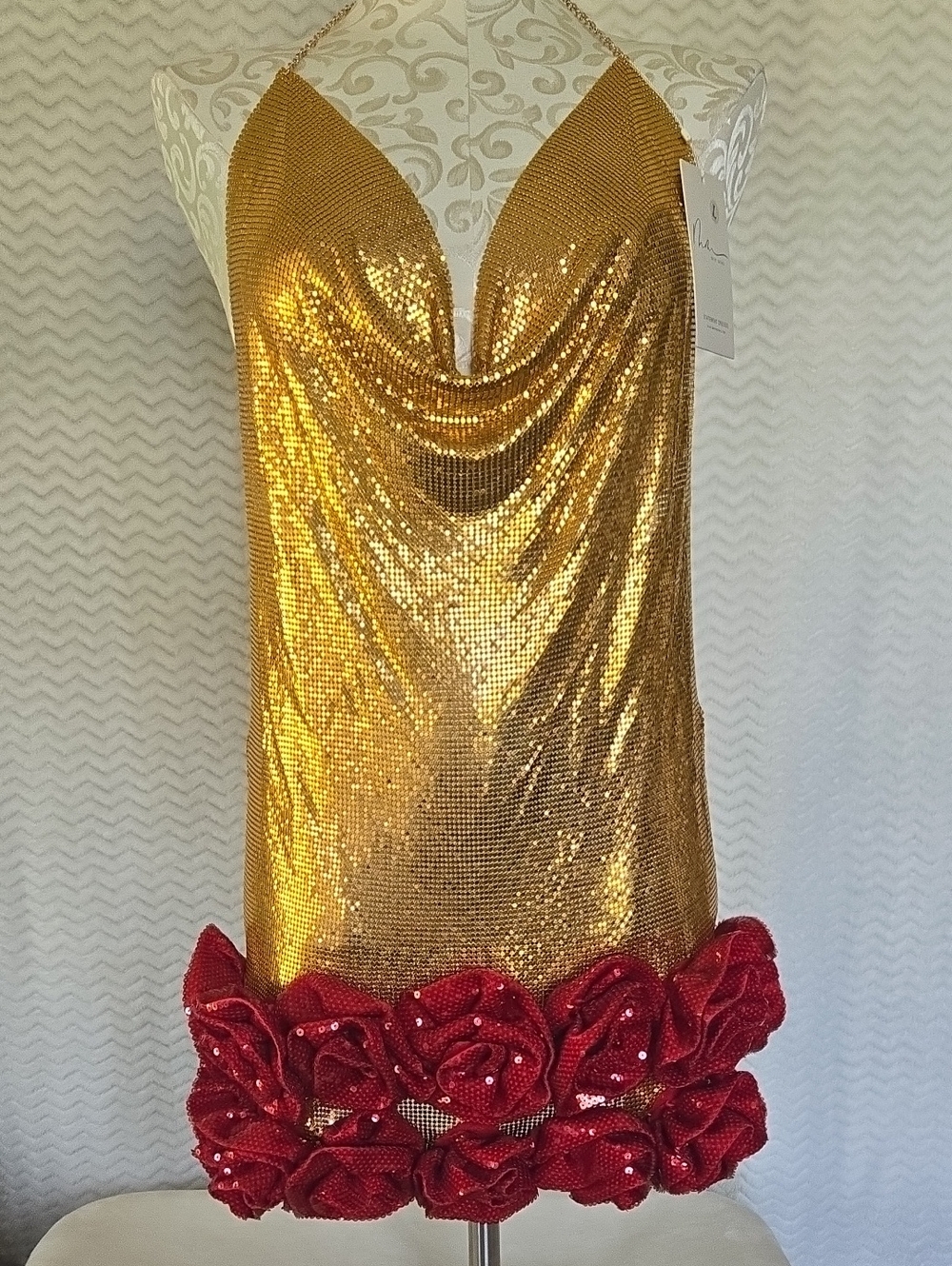 NWT Mew Mews Isotopix Backless Flower Gold Chainmail Mini Dress W/  Red Rose Hem
